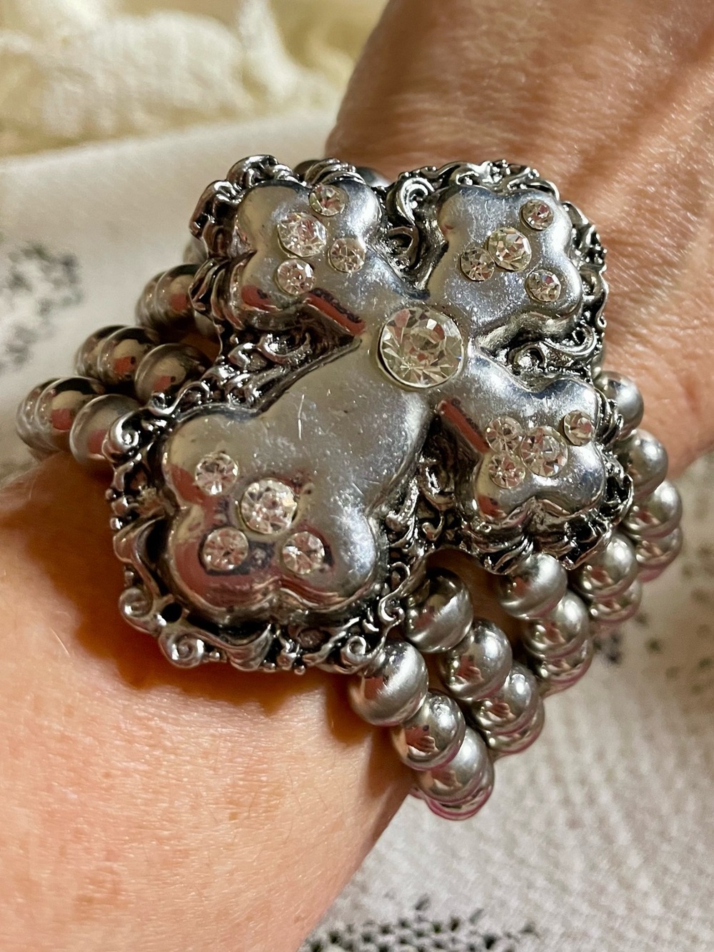 Silver Rhinestone Cross Stretch Bracelet Goth or Western Look - Picture 2 of 7